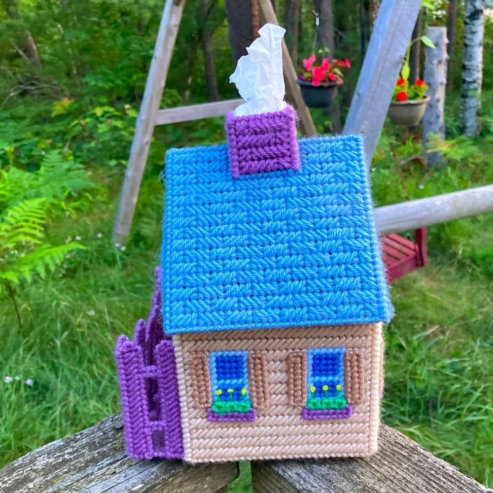 Tissue Box Cover HANDMADE Yarn Cross Stitch Cute Cottage